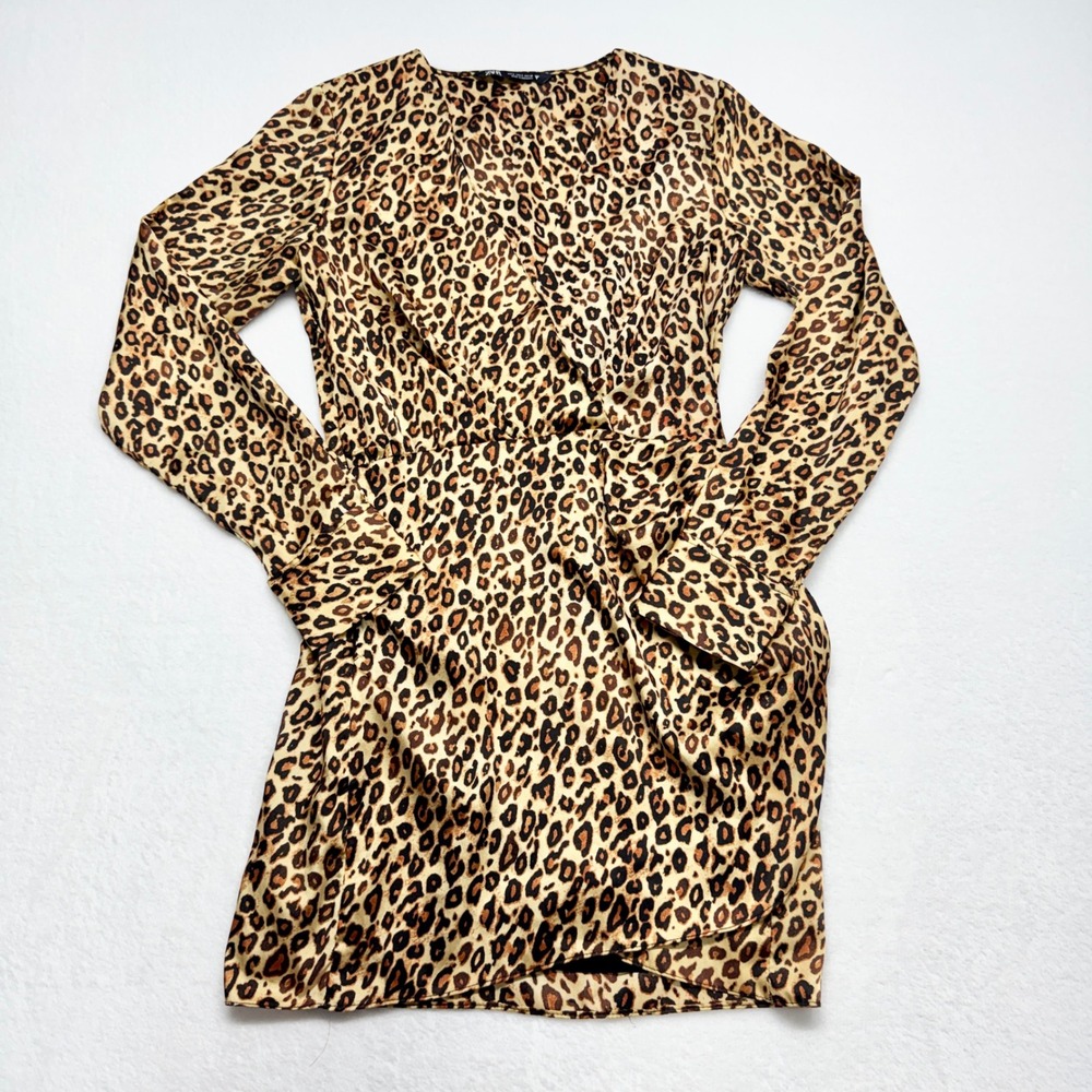 Zara Leopard Print Satin Mini Wrap Dress Womens Size S‎ Brown Animal Long Sleeve